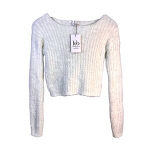HYFVE Fuzzy Cropped Sweater Long‎ Sleeve Boat Neck Knit Top Women's Size S